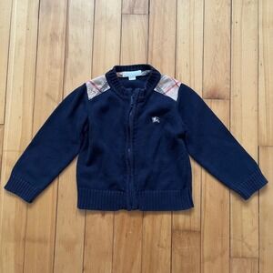 Burberry Unisex Toddler 18M Navy Blue Zip Up Sweater Plaid Trim Logo 100% Cotton